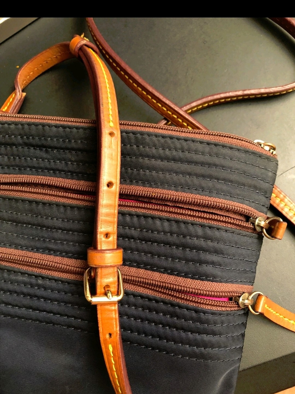 Dooney & Bourke Navy Blue Nylon Triple Zip Crossbody Bag with Leather Trim